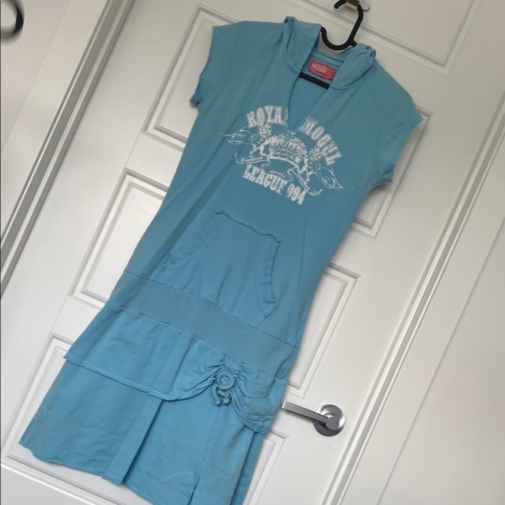 Genuine 90s early 2000s cotton Blue Hoodie Mini Dress Paris Hilton Nicole Richie